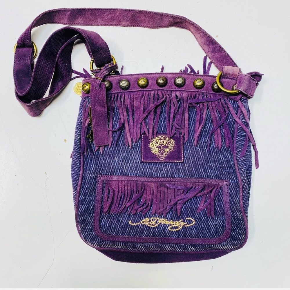 y2k Ed Hardy suede fringe studded bag